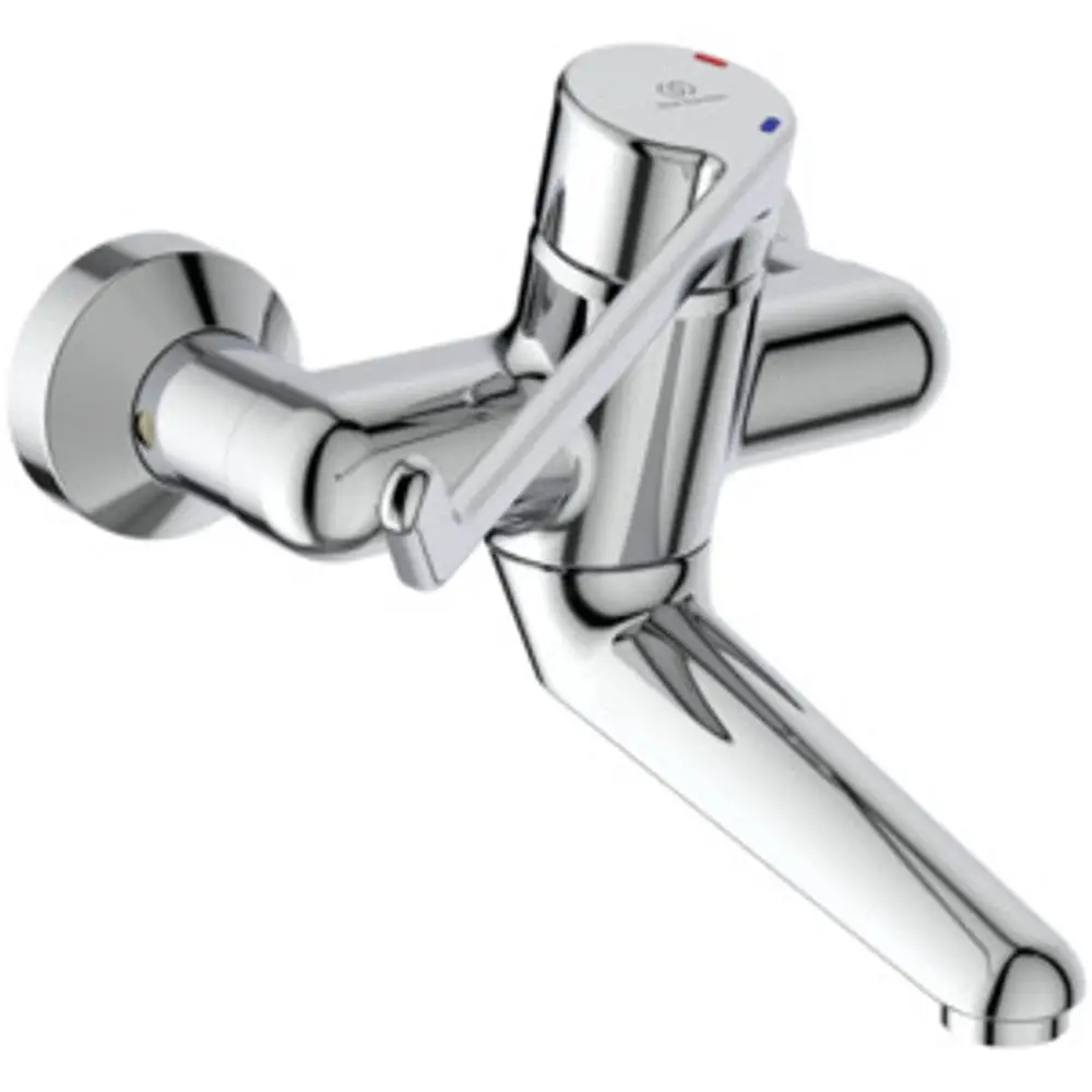 Chromfarbener Wasserhahn mit einem Hebel für die Temperatureinstellung von Ideal Standard, montiert an einer Wand und mit abgerundetem Auslauf.